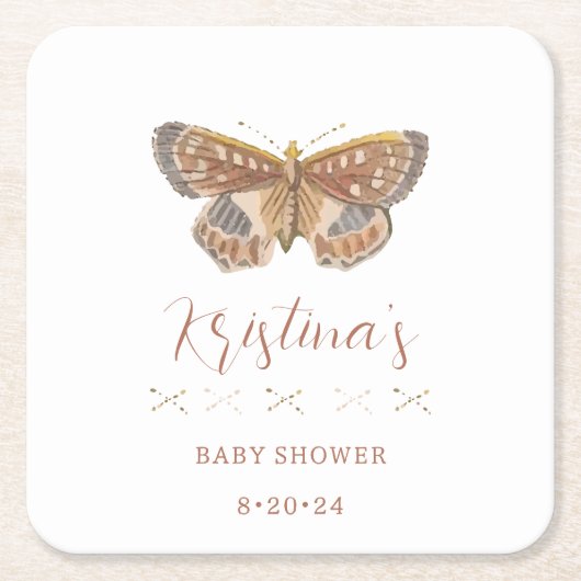 ベビーガールバタフライキスベビーシャワー スクエアペーパーコースター (正面)