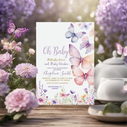 ベビーガールバタフライパープルフラワーベビーシャワー 招待状