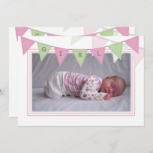 ベビーガールバナーフラグ誕生写真の発表 招待状 (正面/裏面)
