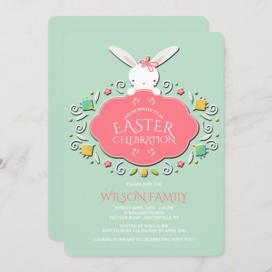 ベビーガールバニーイースター招待状 招待状 (正面/裏面)