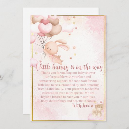 ベビーガールバニー赤ちゃんシャワー サンキューカード (正面/裏面)