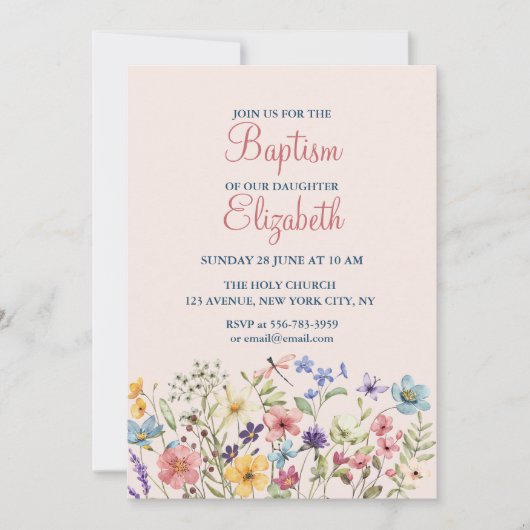 ベビーガールバプティスウォーターカラーフローラ招待状 招待状 (正面)