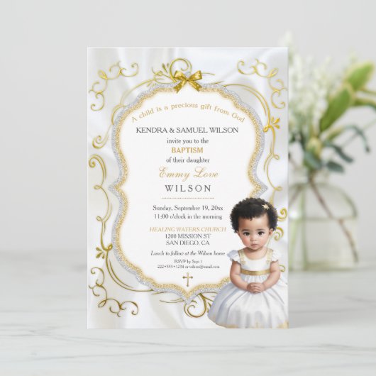 ベビーガールバプティスコミューニオン《キリスト教》洗礼式や命名式ホワイト金ゴールド 招待状 (スタンド正面)