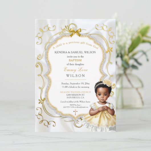 ベビーガールバプティスコミューニオン《キリスト教》洗礼式や命名式ホワイト金ゴールド 招待状 (スタンド正面)