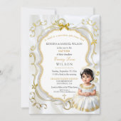 ベビーガールバプティスコミューニオン《キリスト教》洗礼式や命名式ホワイト金ゴールド 招待状 (正面)