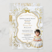 ベビーガールバプティスコミューニオン《キリスト教》洗礼式や命名式ホワイト金ゴールド 招待状 (正面/裏面)