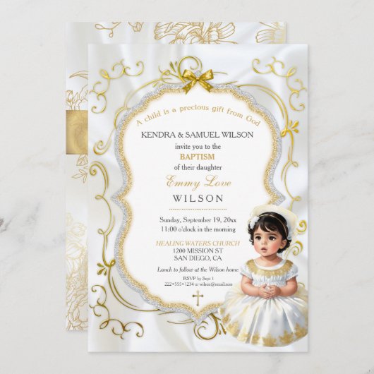 ベビーガールバプティスコミューニオン《キリスト教》洗礼式や命名式ホワイト金ゴールド 招待状 (正面/裏面)