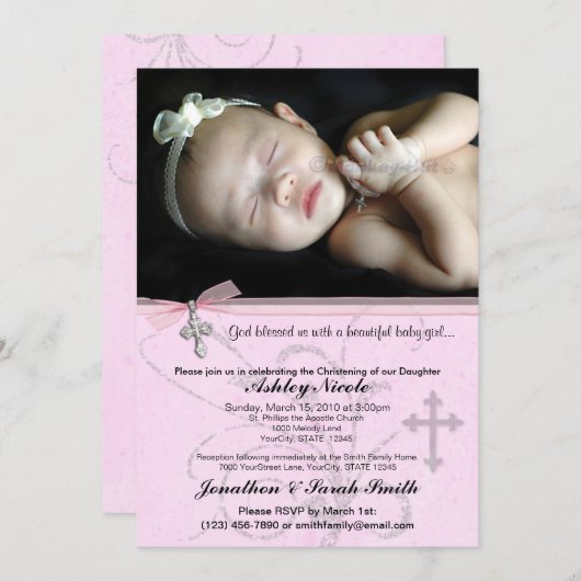 ベビーガールバプテスマまたは《キリスト教》洗礼式や命名式招待状 招待状 (正面/裏面)