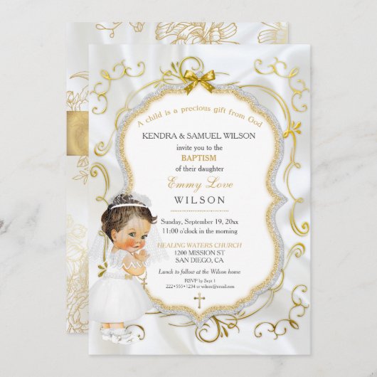 ベビーガールバプテスマ交通金ゴールド十字 招待状 (正面/裏面)