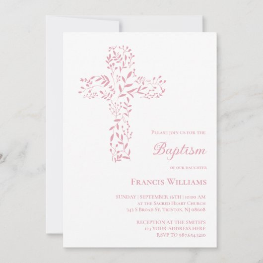 ベビーガールバプテスマ十字架 招待状 (正面)