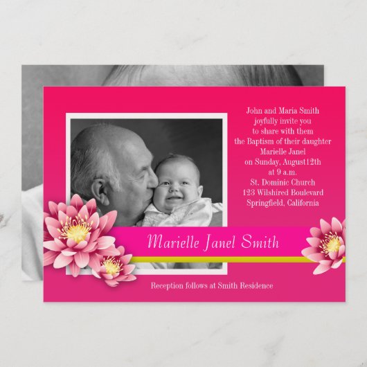 ベビーガールバプテスマ暗い赤紫色ピンクロータス開花 招待状 (正面/裏面)
