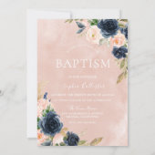 ベビーガールバプテスマ《キリスト教》洗礼式や命名式ネイビー赤面フローラ 招待状 (裏面)