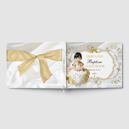 ベビーガールバプテスマ《キリスト教》洗礼式や命名式ホワイト&金ゴールドクロス ゲストブック (全面)