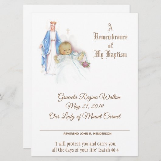 ベビーガールバプテスマ《キリスト教》洗礼式や命名式メアリー証明書 シーズンカード (正面/裏面)