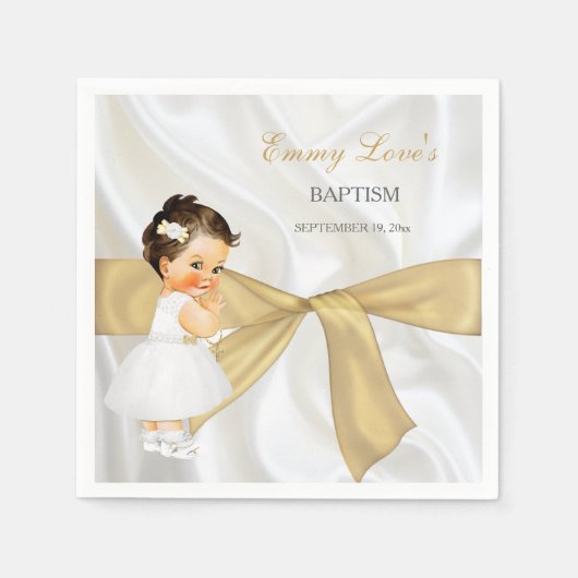 ベビーガールバプテスマ《キリスト教》洗礼式や命名式金ゴールドボウ スタンダードカクテルナプキン (正面)
