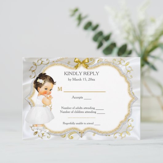 ベビーガールバプテスマ《キリスト教》洗礼式や命名式金ゴールド応答カード 出欠カード (スタンド正面)