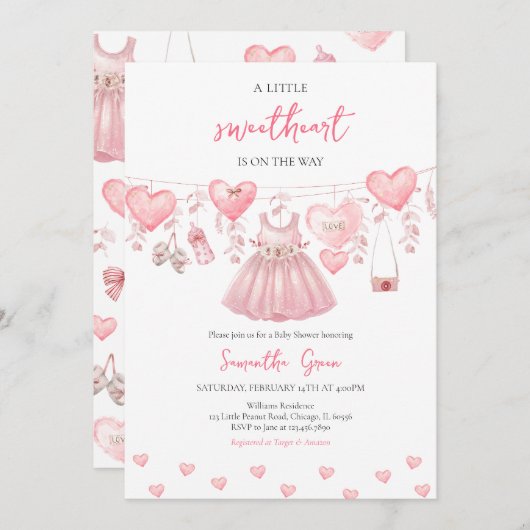 ベビーガールバレンタイン赤ちゃんシャワー 招待状 (正面/裏面)