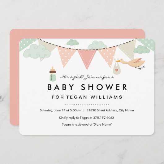 ベビーガールバンティング | ベビーシャワー招待状 招待状 (正面/裏面)