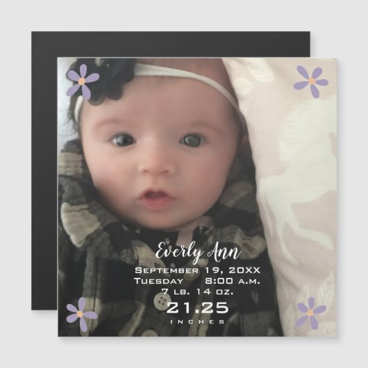 ベビーガールパープルデイジー磁気出産発表 マグネット招待状 (正面/裏面)