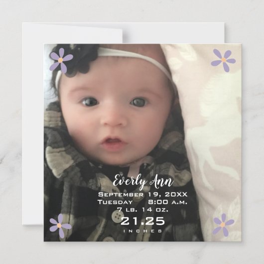 ベビーガールパープルデイジー磁気出産発表 マグネット招待状 (正面)
