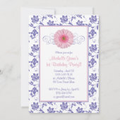 ベビーガールパープルピンクデイジーフローラ写真誕生日 招待状 (裏面)