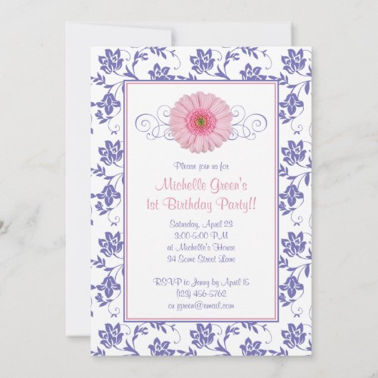 ベビーガールパープルピンクデイジーフローラ写真誕生日 招待状 (裏面)