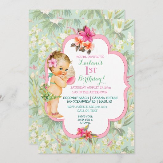ベビーガールビキニ熱帯ルアウ(ハワイ式宴会)ハワイアンシェル 招待状 (正面/裏面)