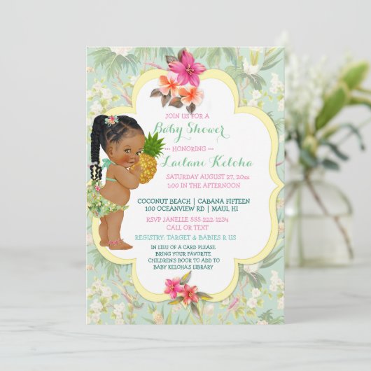 ベビーガールビキニ熱帯ルアウ（ハワイ式宴会）ハワイアンパイナップル 招待状 (スタンド正面)