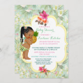 ベビーガールビキニ熱帯ルアウ(ハワイ式宴会)ハワイアンパイナップル 招待状 (正面/裏面)