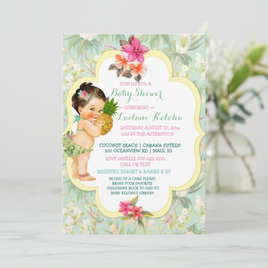 ベビーガールビキニ熱帯ルアウ（ハワイ式宴会）ハワイアンパイナップル 招待状 (スタンド正面)