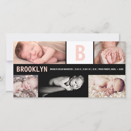 ベビーガールビッグピンクイニシャル5フォトコラージュ誕生 案内状 (正面)