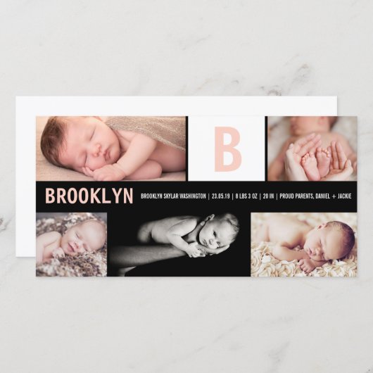 ベビーガールビッグピンクイニシャル5フォトコラージュ誕生 案内状 (正面/裏面)