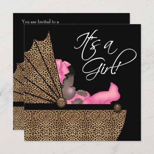ベビーガールピンキヒョウ赤ちゃんシャワー 招待状 (正面/裏面)