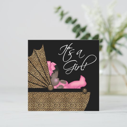 ベビーガールピンキヒョウ赤ちゃんシャワー 招待状 (スタンド正面)