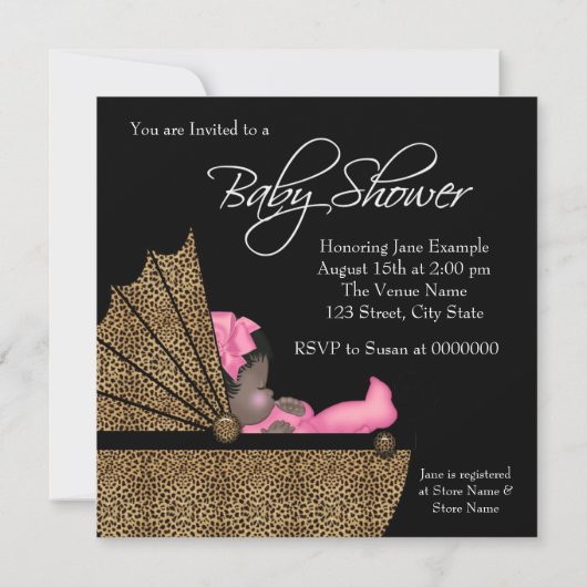 ベビーガールピンキヒョウ赤ちゃんシャワー 招待状 (裏面)