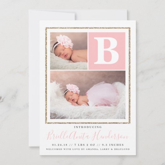 ベビーガールピンクと金ゴールドグリッター誕生発表 案内状 (正面)