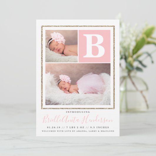 ベビーガールピンクと金ゴールドグリッター誕生発表 案内状 (スタンド正面)