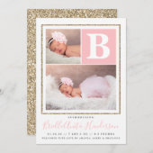 ベビーガールピンクと金ゴールドグリッター誕生発表 案内状 (正面/裏面)