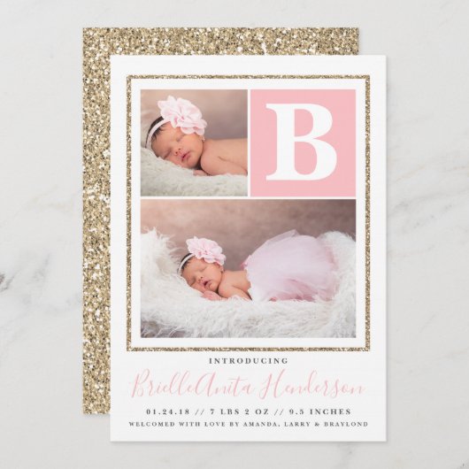 ベビーガールピンクと金ゴールドグリッター誕生発表 案内状 (正面/裏面)