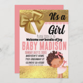 ベビーガールピンクと金ゴールドバビシャワー招待状 招待状 (正面/裏面)