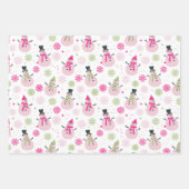 ベビーガールピンクのクリスマス雪だるまと雪片 ラッピングペーパーシート (正面)