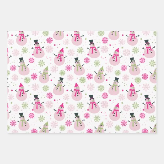 ベビーガールピンクのクリスマス雪だるまと雪片 ラッピングペーパーシート (正面)