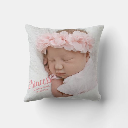ベビーガールピンクのスクリプトフォト誕生キープサケ クッション (裏面)