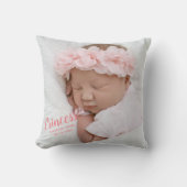 ベビーガールピンクのスクリプトフォト誕生キープサケ クッション (正面)