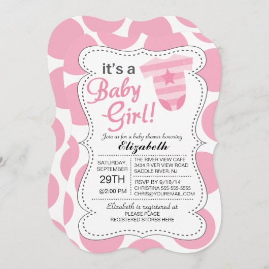 ベビーガールピンクのボディスーツ女の子ベビーシャワー 招待状 (正面/裏面)