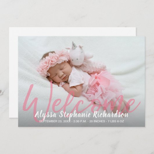 ベビーガールピンクの写真ウェルカム誕生の発表 招待状 (正面/裏面)
