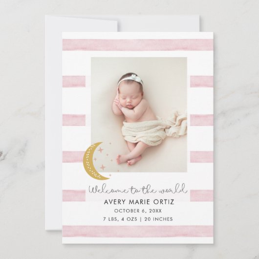 ベビーガールピンクの月の星写真誕生のお知らせ (正面)