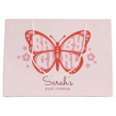 ベビーガールピンクの蝶のベビーシャワー  ラージペーパーバッグ (正面)