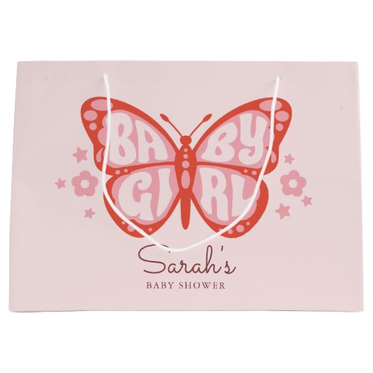 ベビーガールピンクの蝶のベビーシャワー  ラージペーパーバッグ (正面)