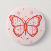 ベビーガールピンクの蝶のベビーシャワー 缶バッジ (正面)